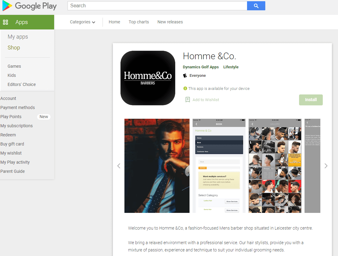 Homme and co app on Android