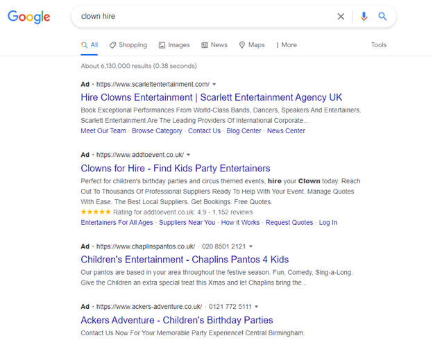Google Search Clown Hire